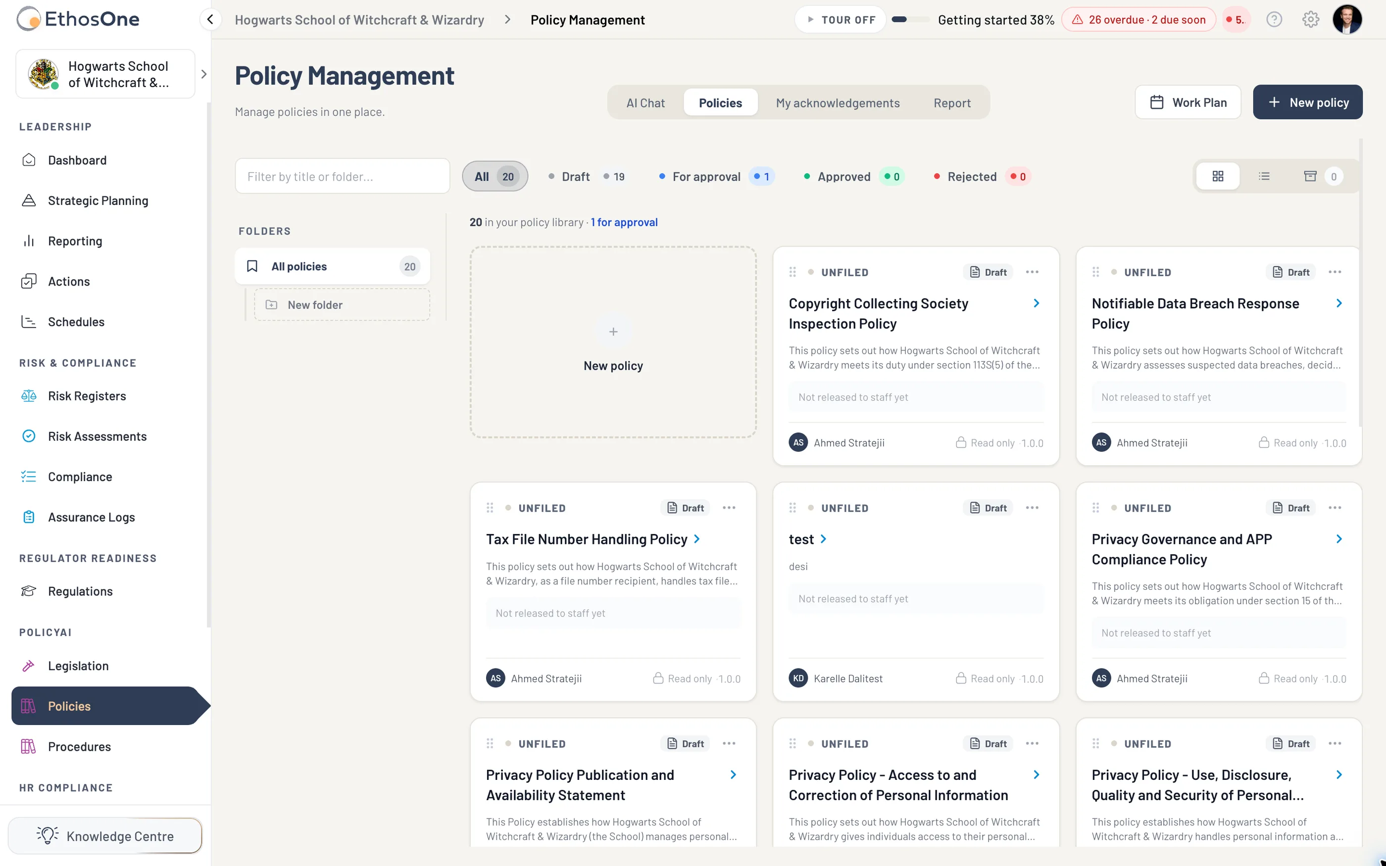 The Hogwarts policy register with lifecycle filters, folders, owner, version and review-state information.