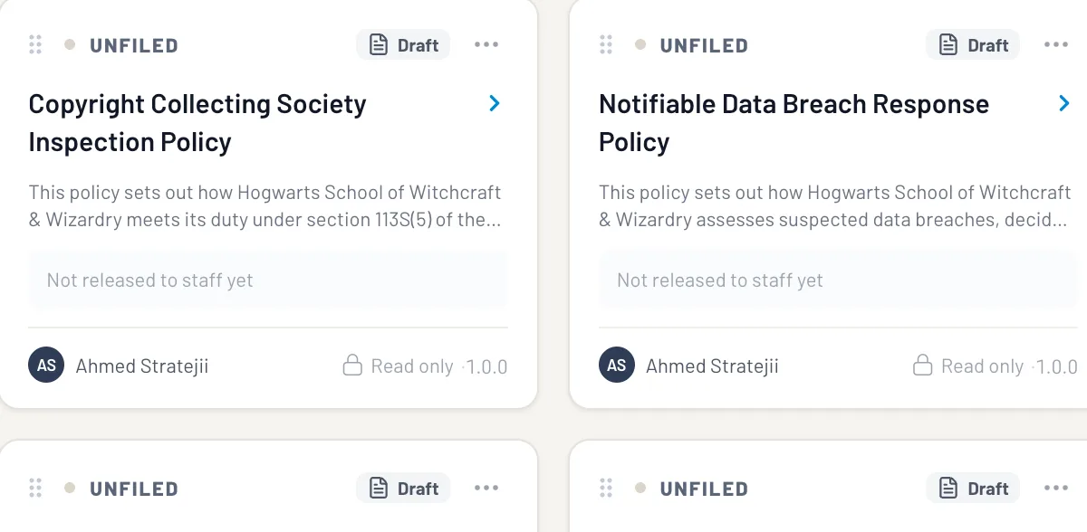 The Hogwarts policy register with lifecycle filters, folders, owner, version and review-state information.