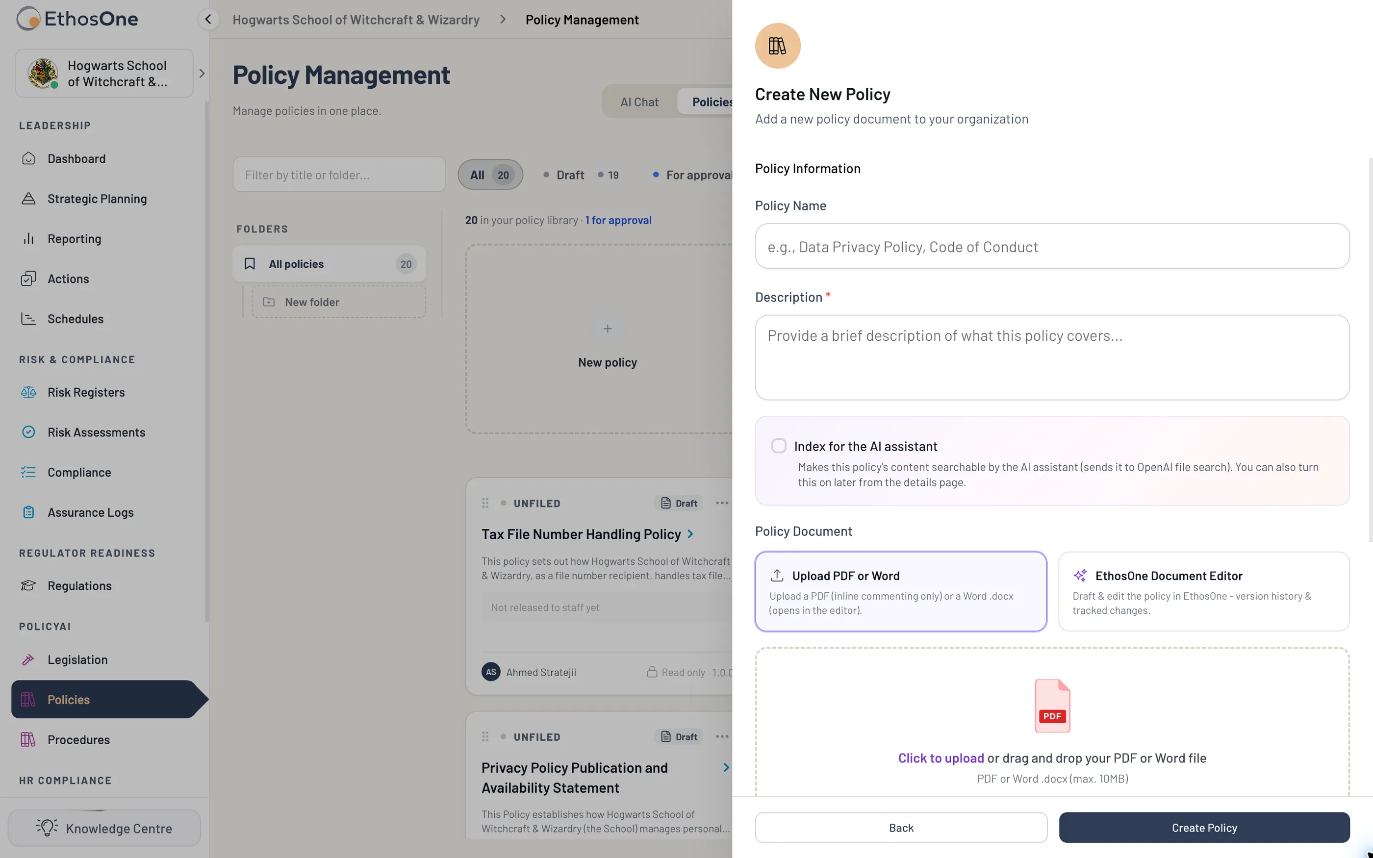 The Add Policy form with name, description, AI indexing option, PDF or Word upload and EthosOne document editor choices.