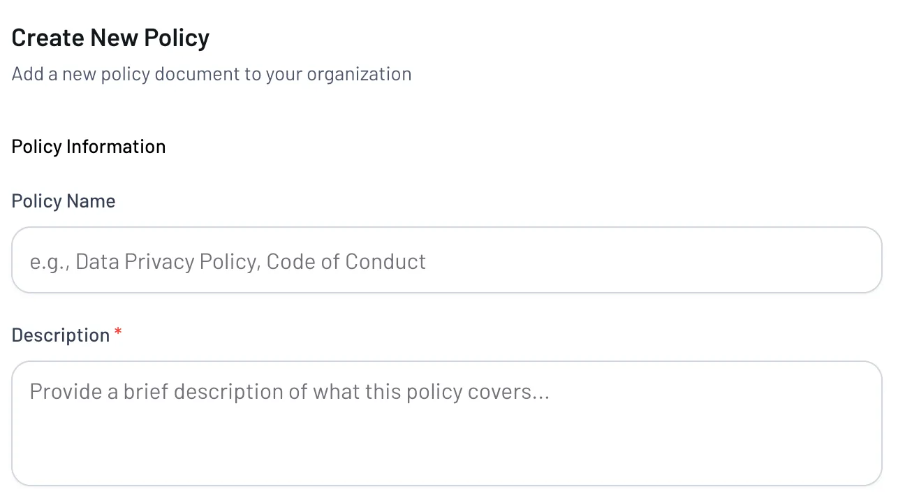 The Add Policy form with name, description, AI indexing option, PDF or Word upload and EthosOne document editor choices.