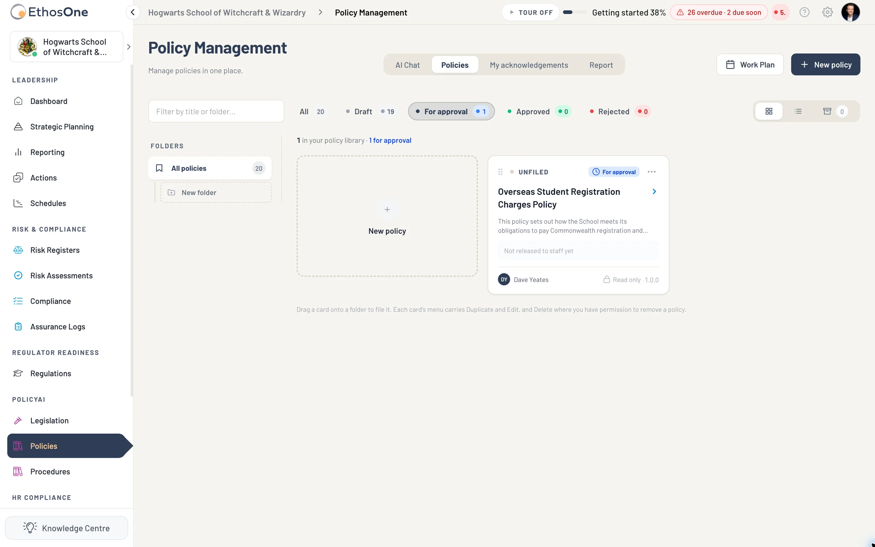 The demo school's policy register filtered to the single policy in For approval state.