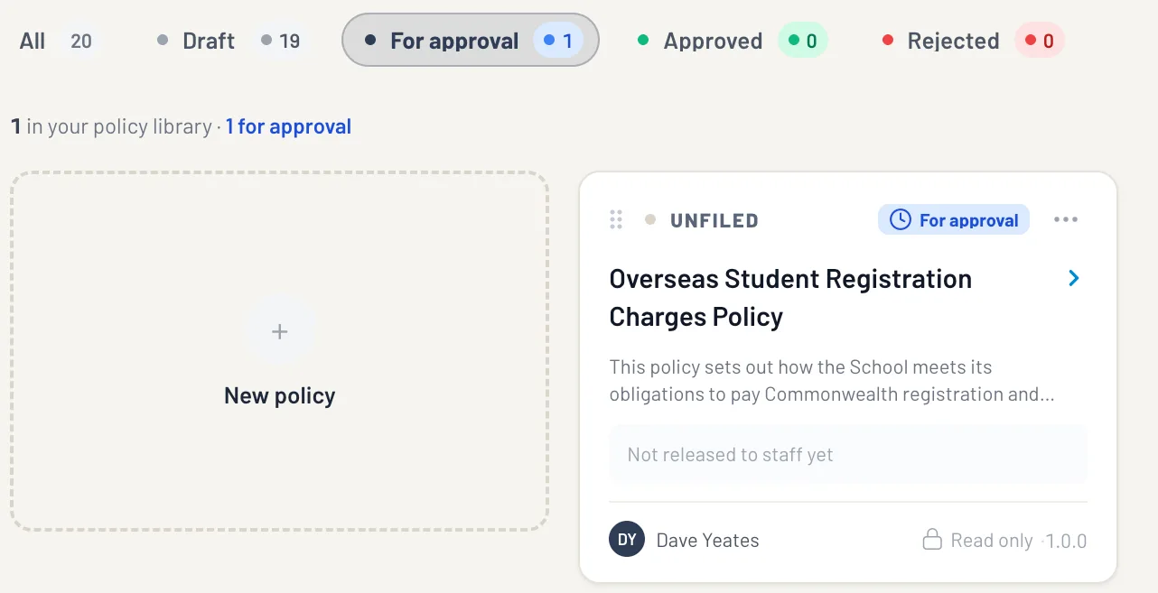The Hogwarts policy register filtered to the single policy in For approval state.