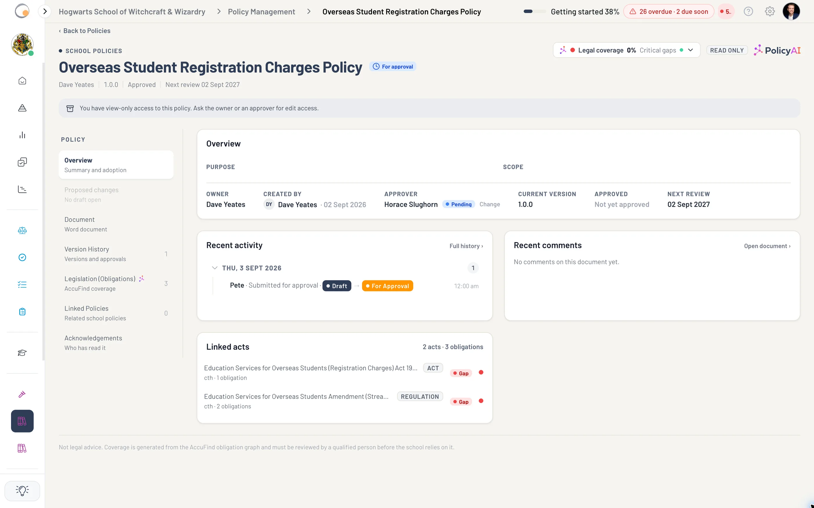 An overseas student policy in For approval state with owner, version, pending approver, next review date and submission activity.