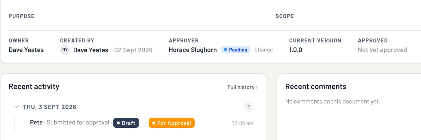 An overseas student policy in For approval state with owner, version, pending approver, next review date and submission activity.