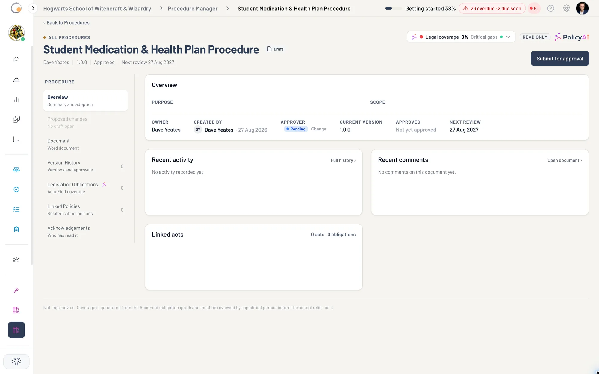 A Hogwarts student medication procedure showing draft status, owner, version, approver, next review and Submit for approval control.