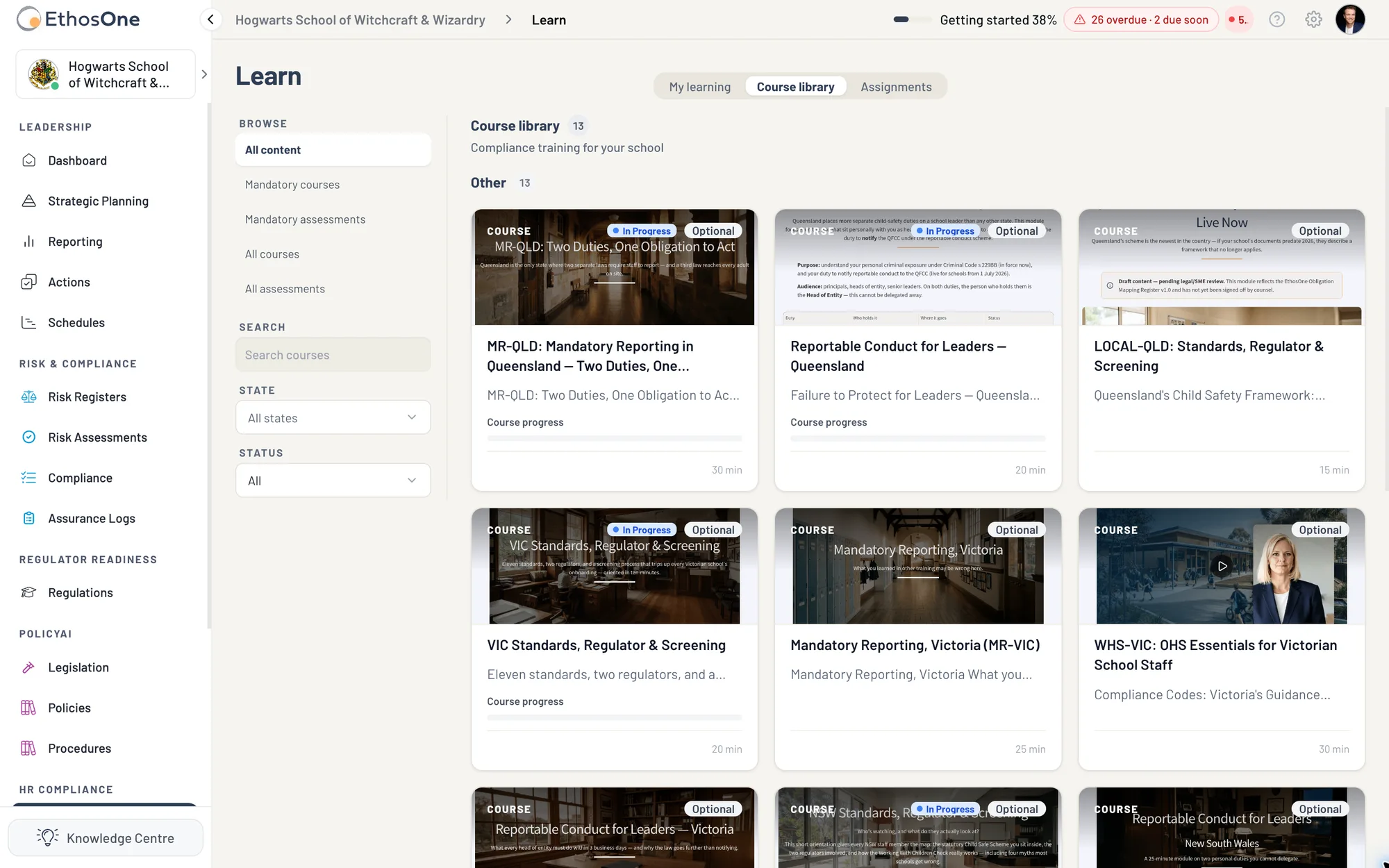 The Hogwarts course library with content, state and library filters and cards for mandatory-reporting, child-safety and WHS learning.