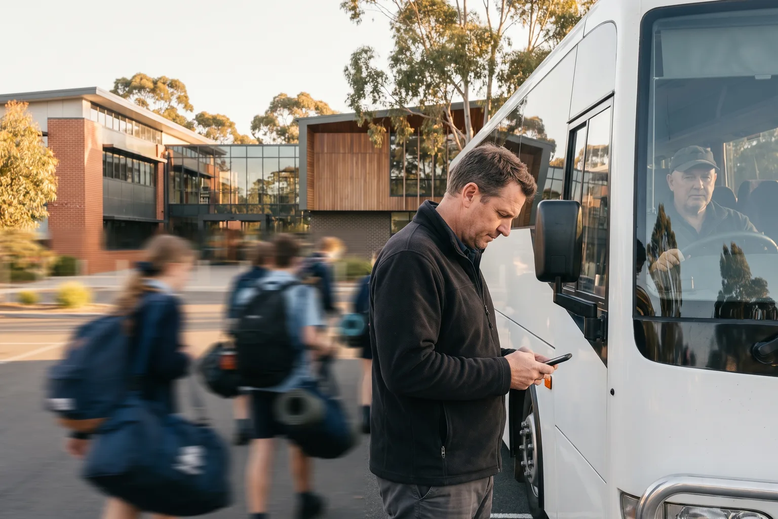 An outdoor education coordinator checking numbers with the coach driver as students board for camp.