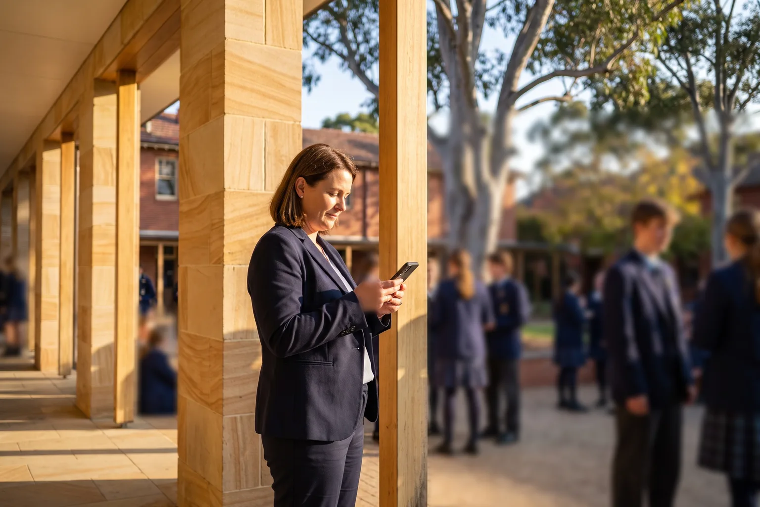 A teacher on duty completing an incident form on her phone at recess.