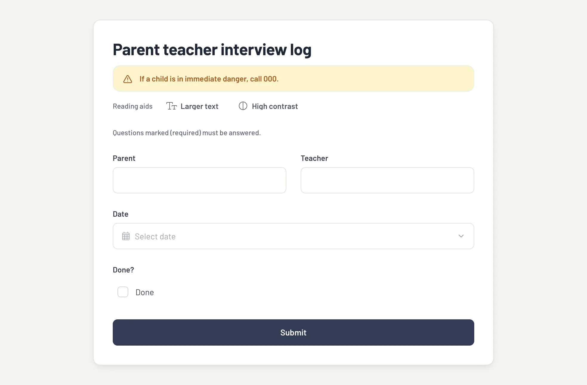 A public reporting form with the 000 notice and reading aids, feeding its entries straight into the log.