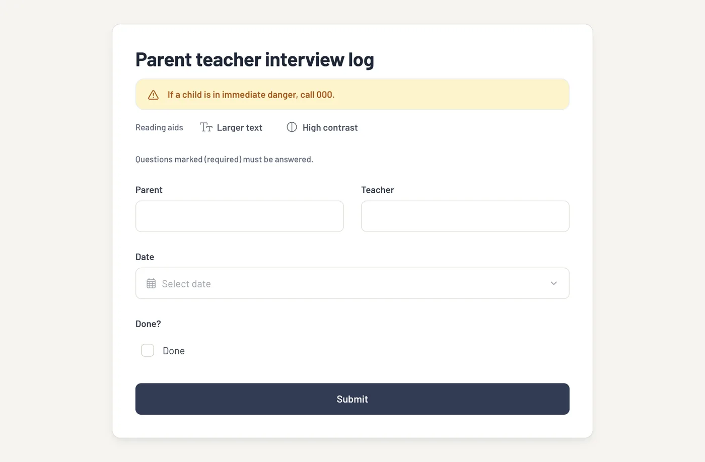 A public reporting form with the 000 notice and reading aids, feeding its entries straight into the log.