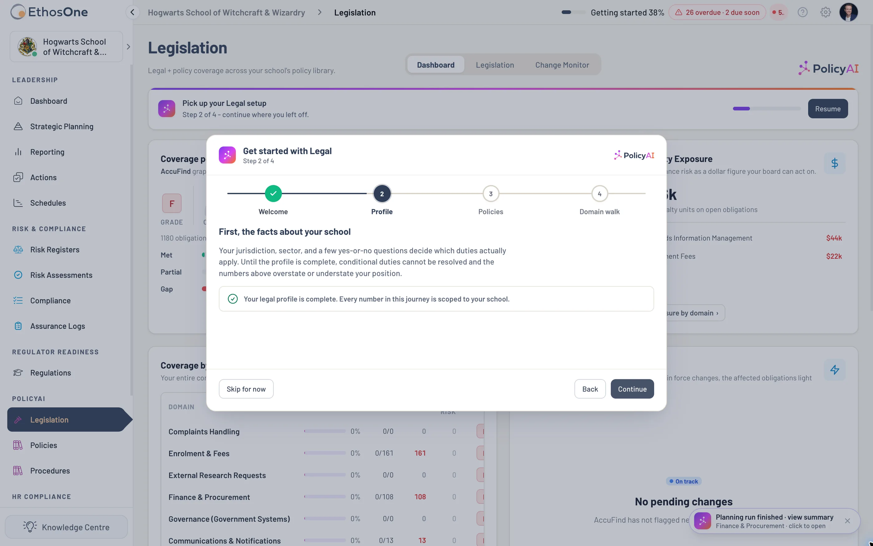 The Legislation setup journey confirming that the demo school legal profile is complete and scoped to the school.
