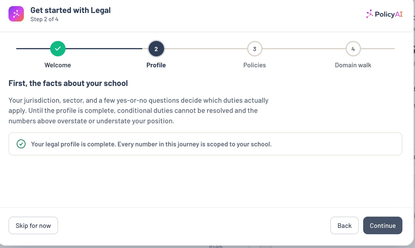 The Legislation setup journey confirming that the Hogwarts legal profile is complete and scoped to the school.