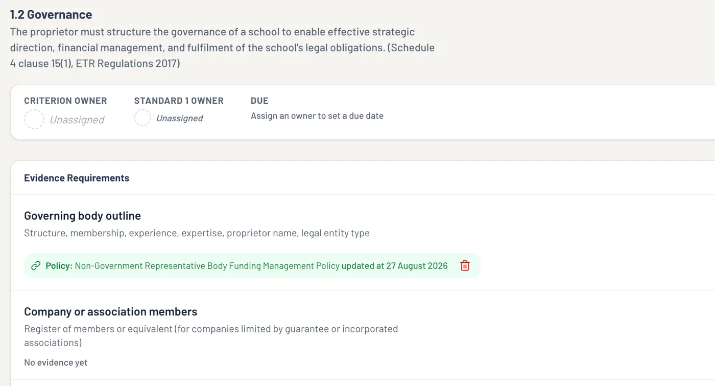 Criterion 1.2 Governance: the requirement and its clause, the owner row, and a governance policy linked as evidence.