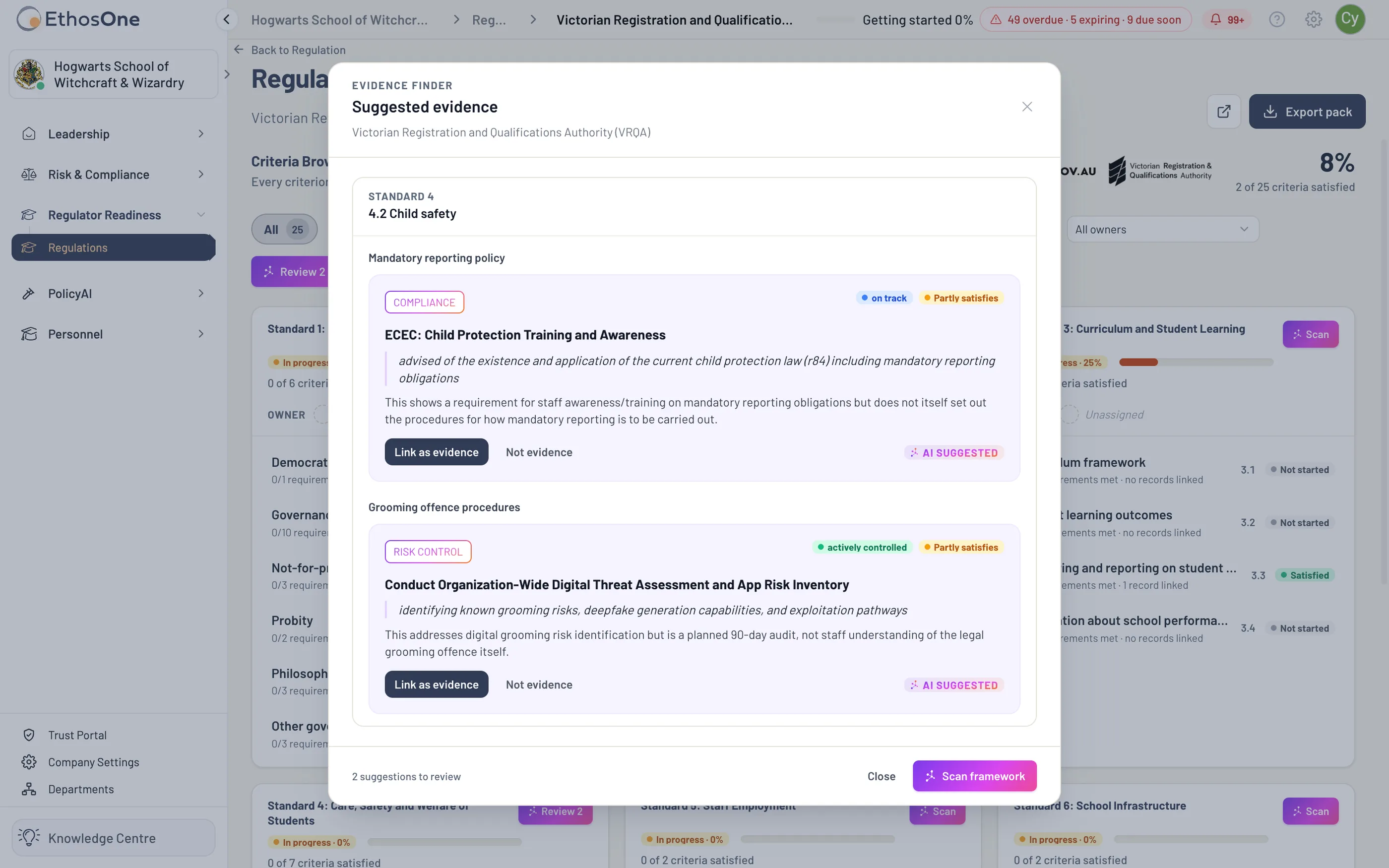 The Evidence Finder proposing candidate evidence for criterion 4.2, each with the passage it relied on and a Link as evidence choice.
