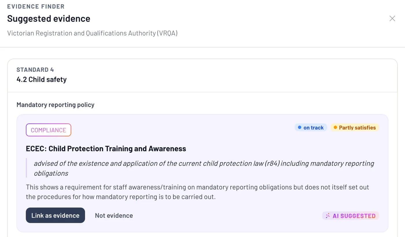 The Evidence Finder proposing candidate evidence for criterion 4.2, each with the passage it relied on and a Link as evidence choice.