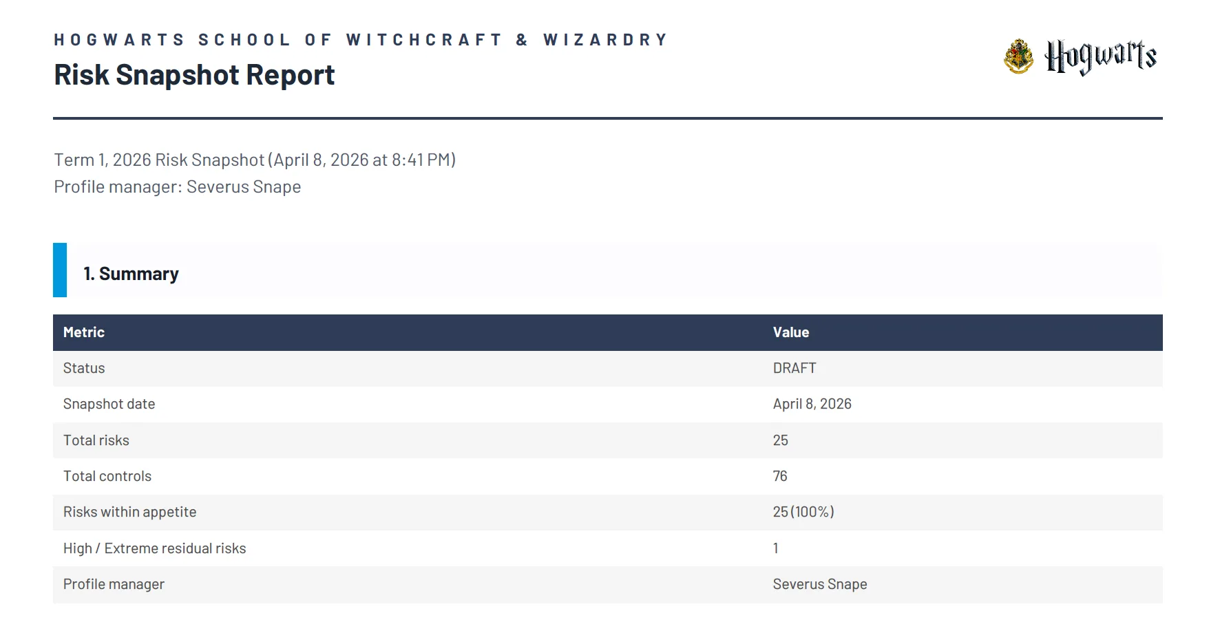 The snapshots tab of the School Board Risk Register: named point-in-time captures with dates and a Compare action.