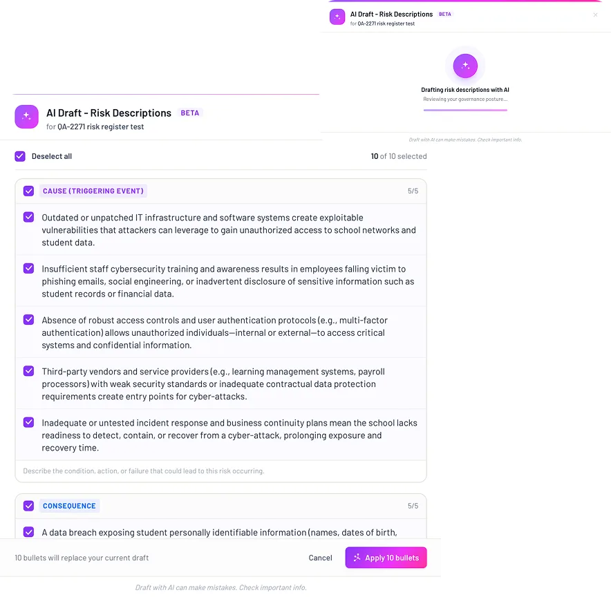 The Review AI Risk Draft panel in the AI Risk Register: a Year 9 science practical named as the risk, the drafted cause and consequence as bullet lists, the AI-suggested rating beneath, and Regenerate and Create Risk buttons, Hogwarts demo tenant.