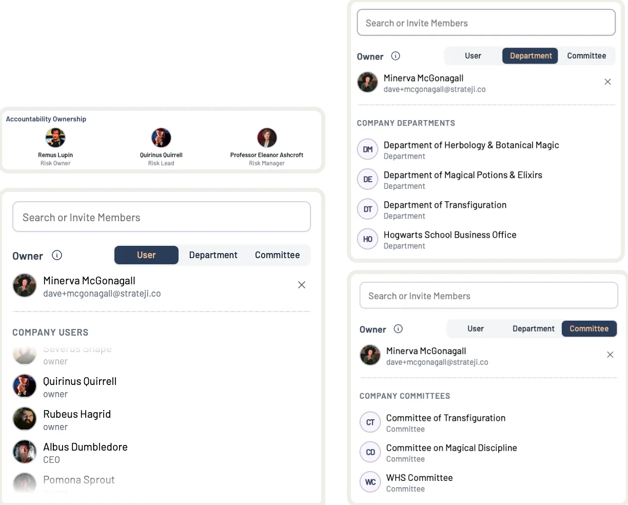 Accountability for a risk in EthosOne, showing the named risk owner, risk lead and risk manager against it.