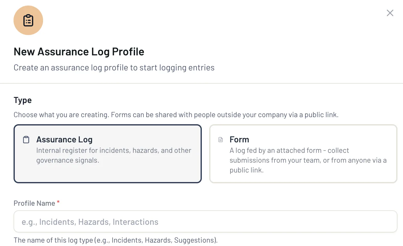 A new assurance log profile: choose a log or a form shared by public link, then name the log type.