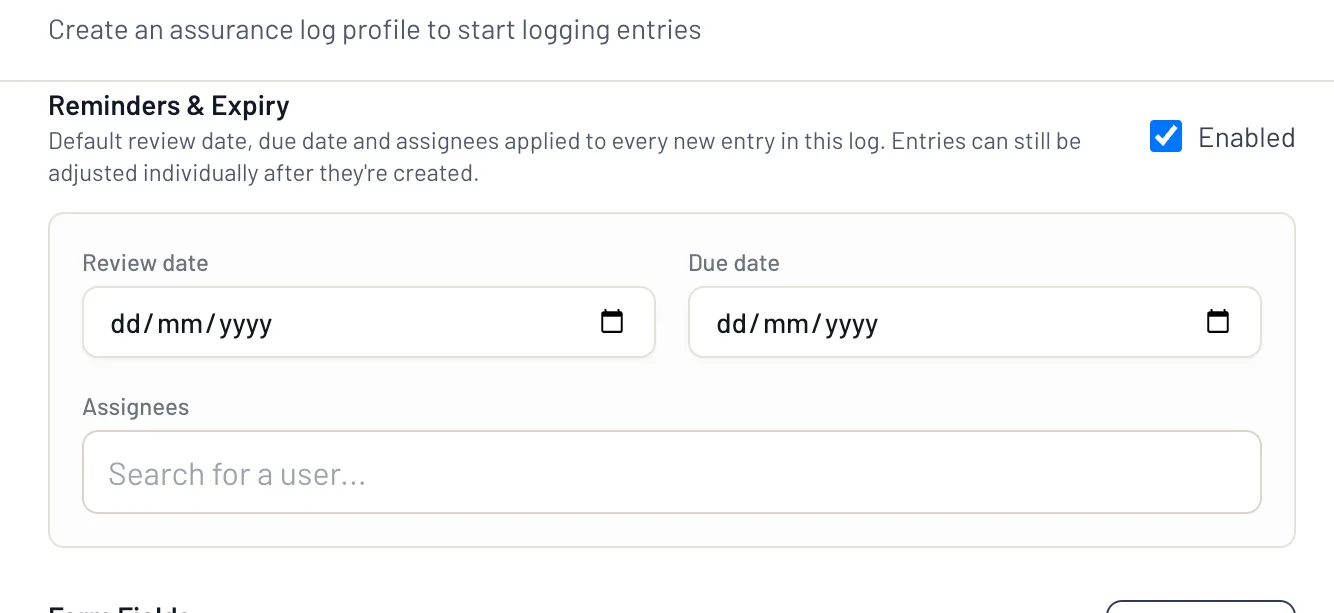 The assurance profile field builder showing a dropdown field, required control, layout selector and two option rows.