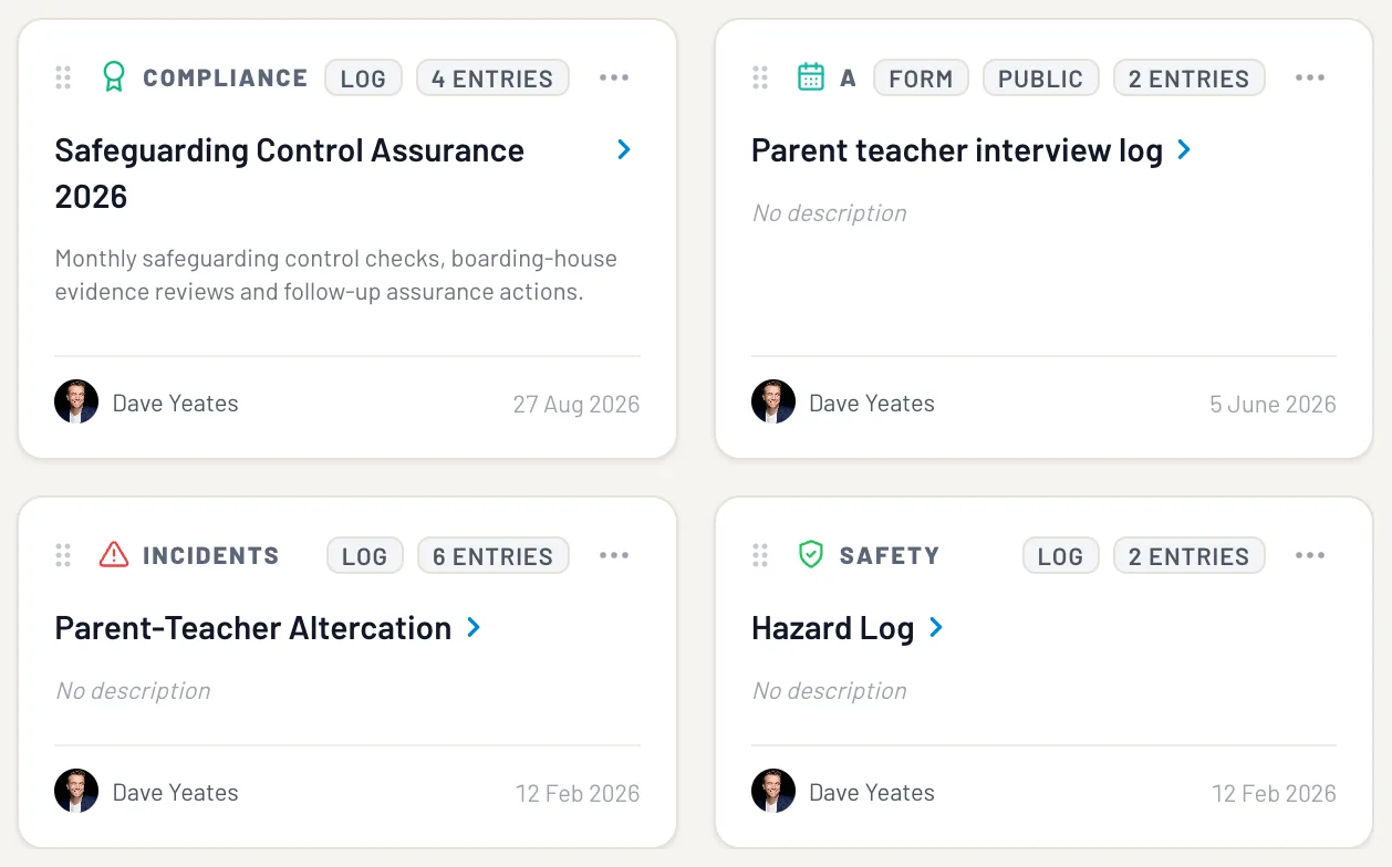 Four logs in a school's catalogue: a monthly safeguarding compliance log with four entries, a public attendance form, an incidents log with six entries, and a safety hazard log.