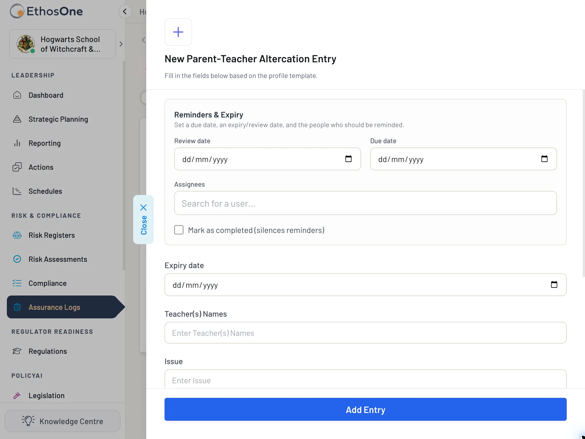 Tablet view of a new parent-teacher log entry form with review and due dates, assignees, typed fields and assurance checkboxes.