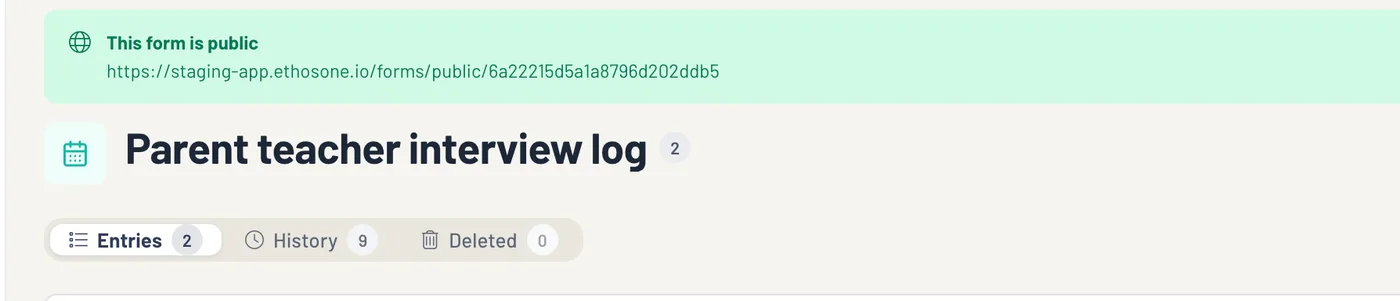 An assurance log profile in Form mode: the public link with Copy link and Open, Add Submission, and the Entries tab listing two submissions with their identifiers, dates and who created them, Hogwarts demo tenant.