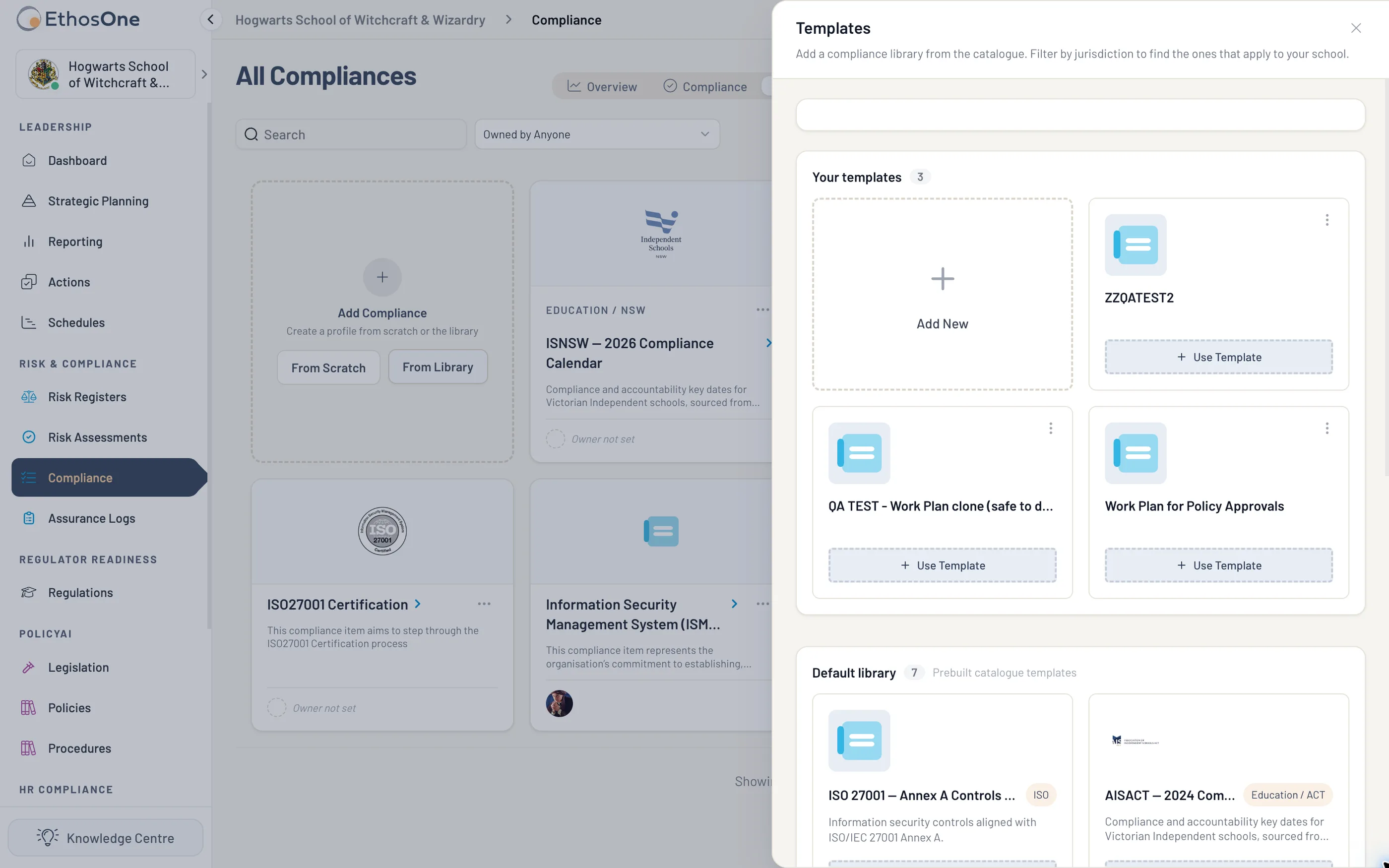 The Compliance Management view with the template library open, showing jurisdiction-labelled school compliance calendars in the Hogwarts demo tenant.