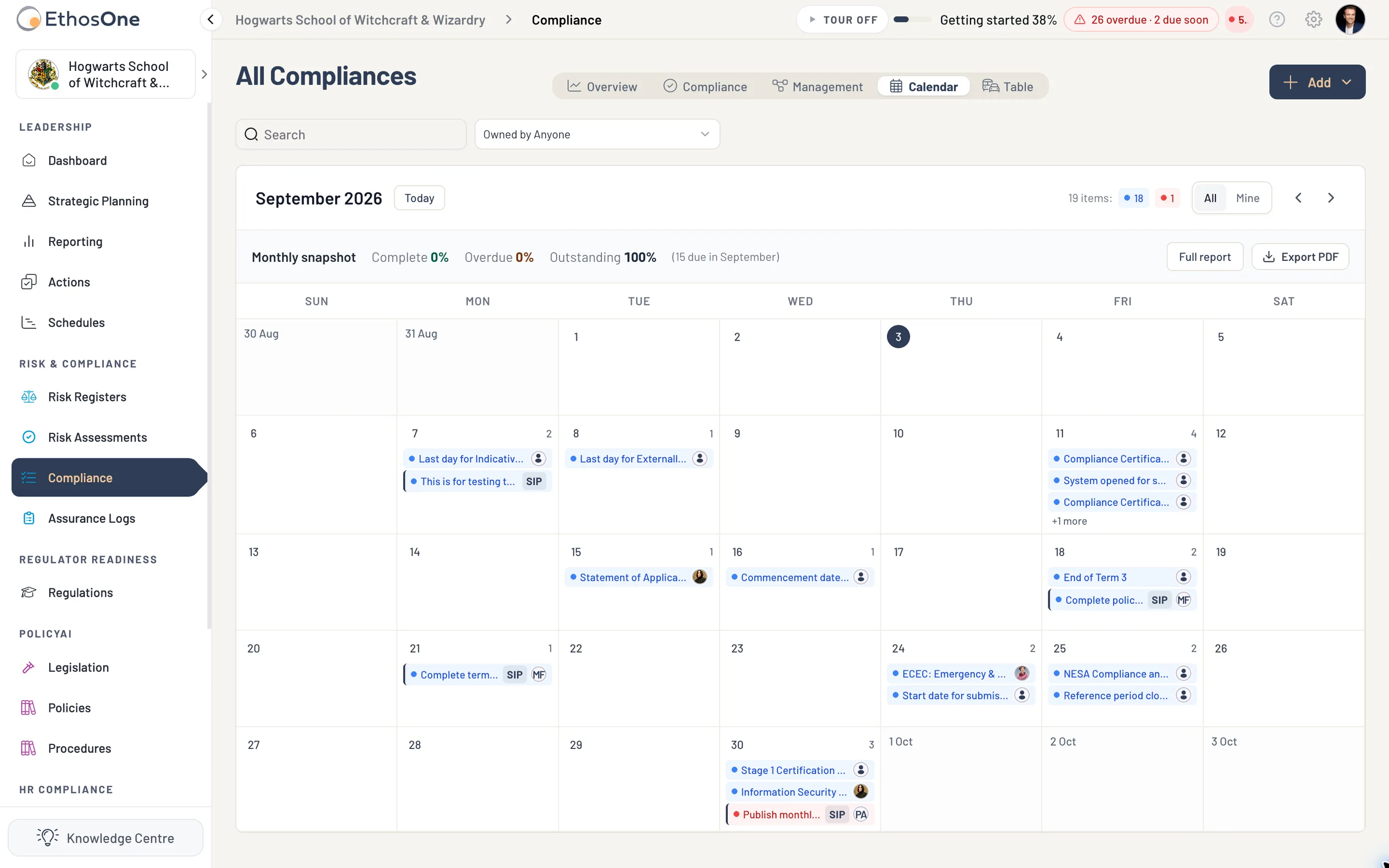 The compliance calendar for September 2026: every obligation on its day, with completion and overdue shares above.
