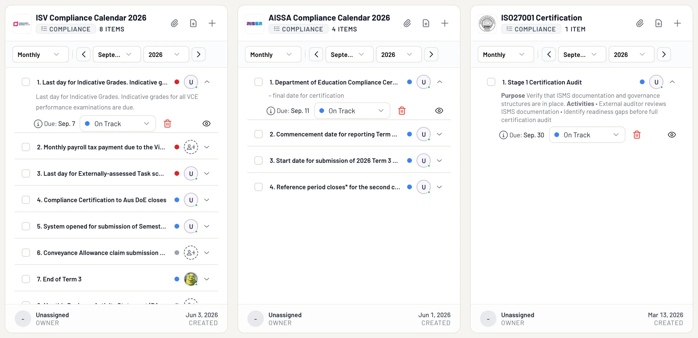 The profile library: the ISV, AISSA and ISNSW association calendars beside the school's own profiles, each with an owner.