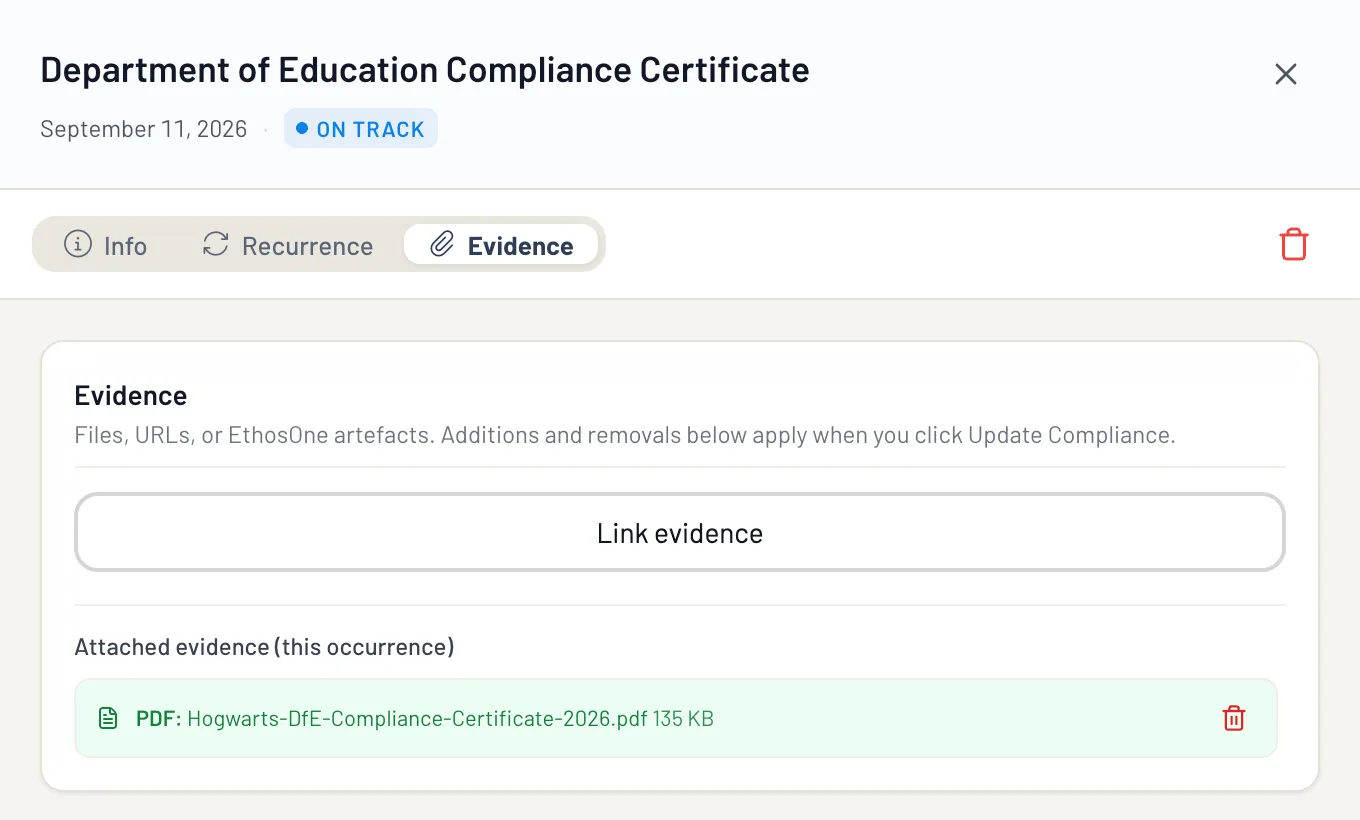 An occurrence's evidence tab: a certificate attached, waiting for the named reviewer to accept it.