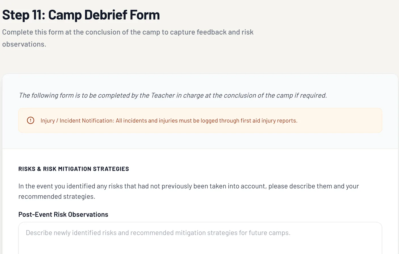 The camp debrief form, completed by the teacher in charge: risks observed, venue and provider feedback, and incident confirmation.