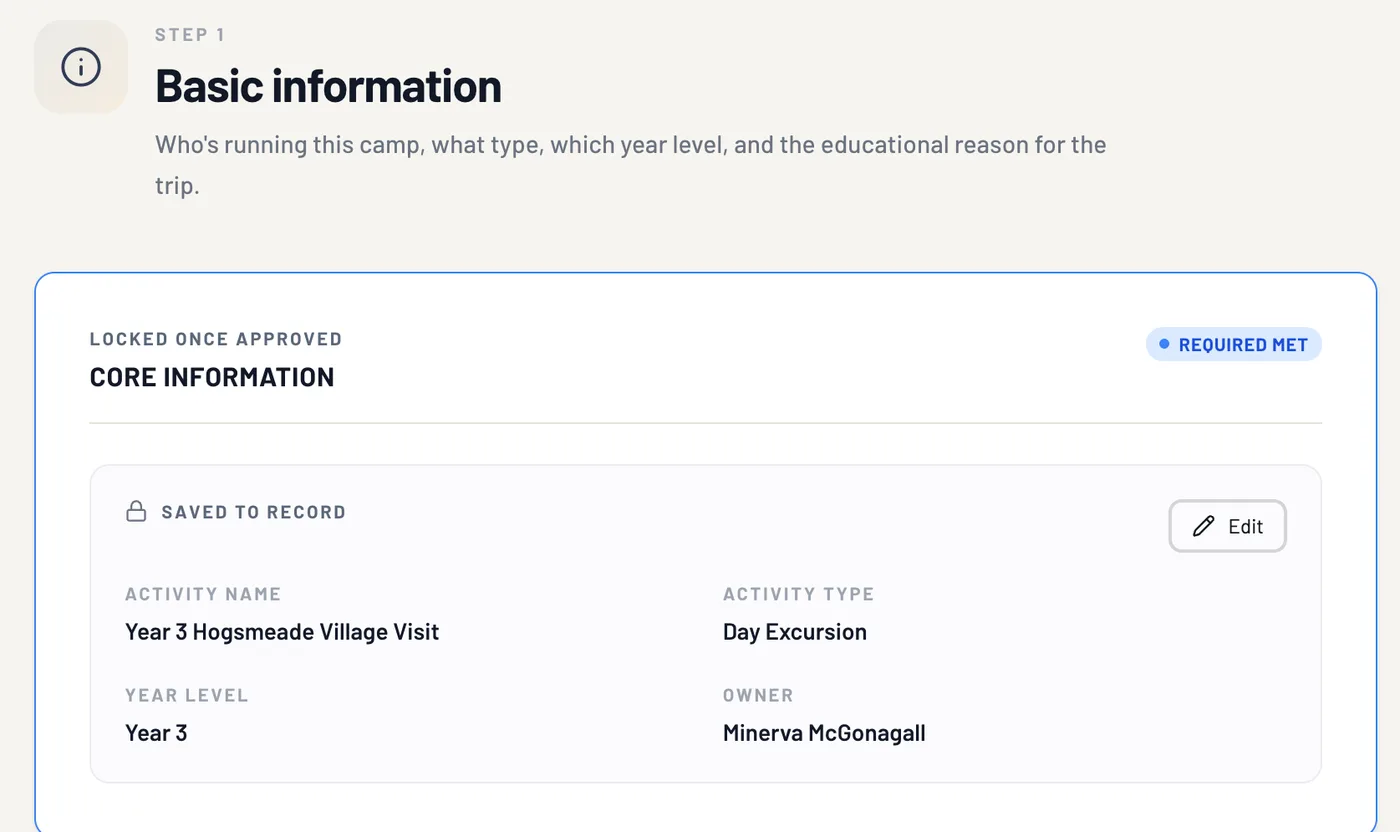 Step 1 of a Year 3 day excursion to Hogsmeade Village: the activity, its type, the year level and the owner, locked once approved.
