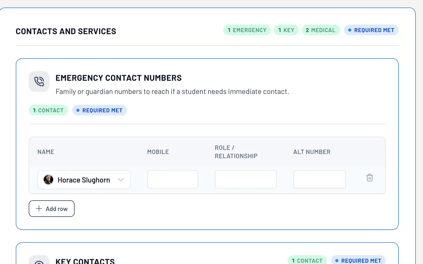 The excursion's emergency plan: emergency contact numbers and key contacts, each with a name, a mobile and a role.