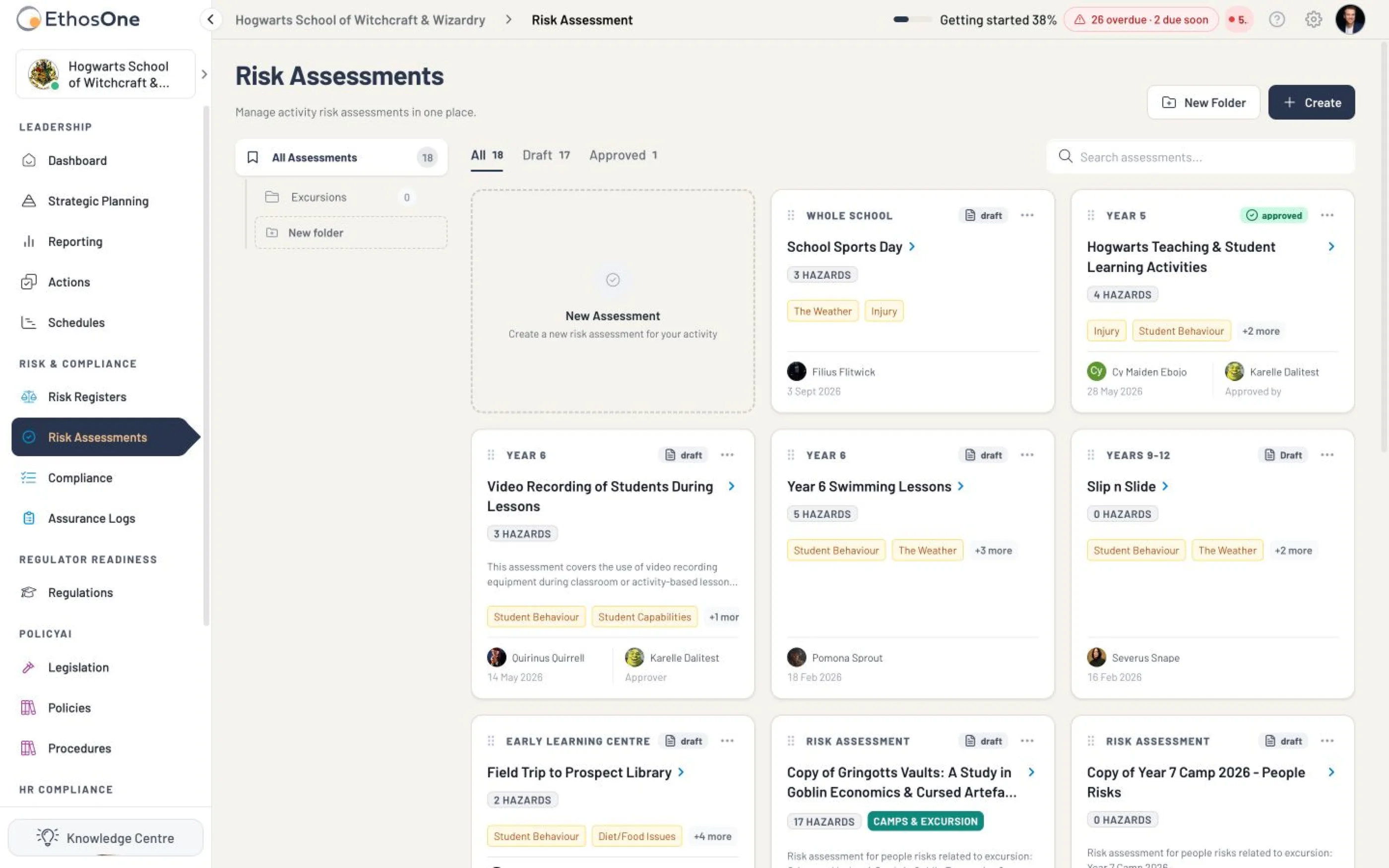 Risk Assessments register for Hogwarts showing draft and approved activity assessments, hazards, dates, assessors and approval owners.