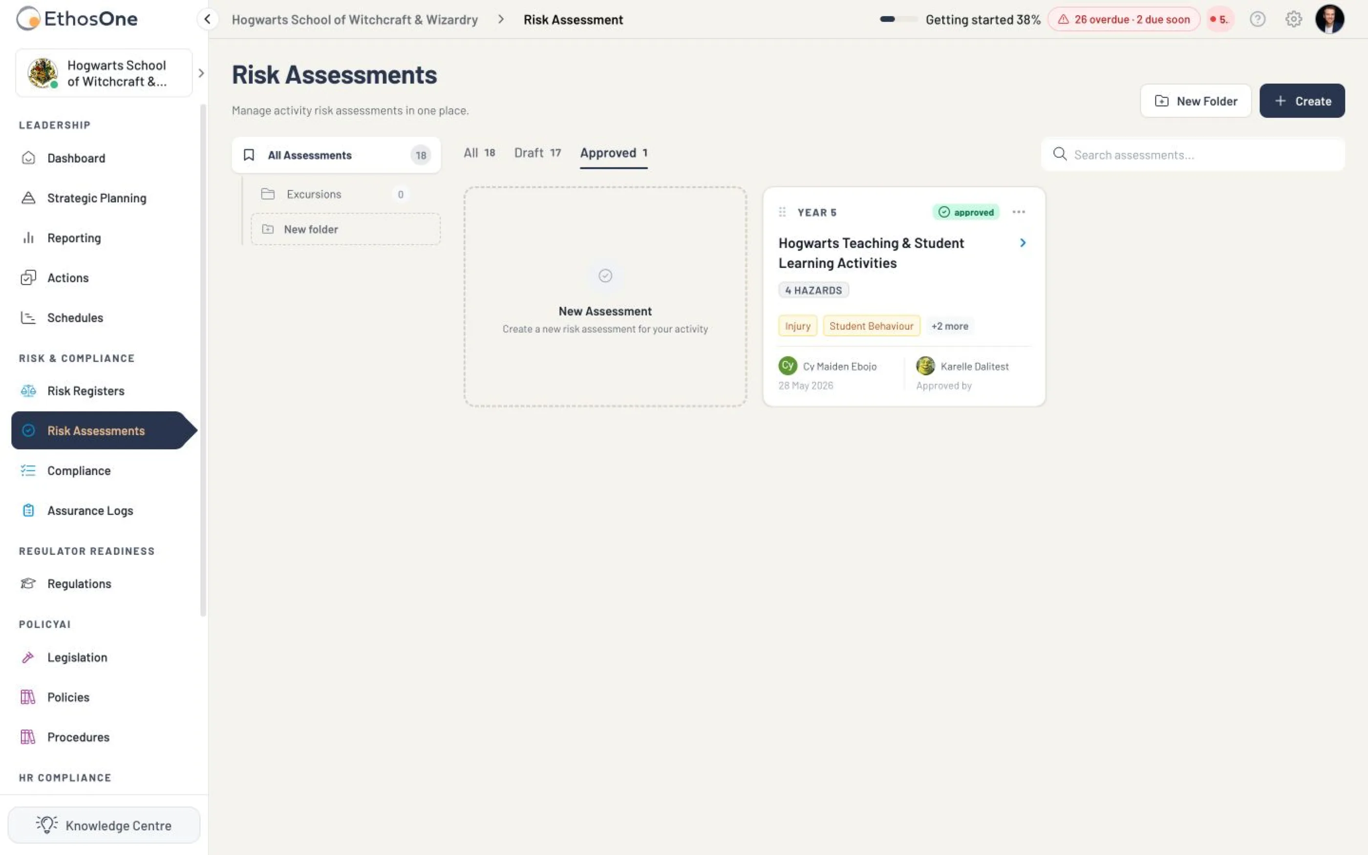 Approved filter in the demo school risk assessment register showing the approved teaching and student learning assessment and its approver.