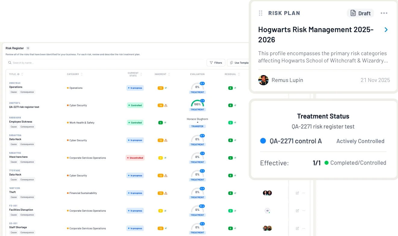 EthosOne Risk home listing separate AI, operational, financial and school board risk registers with scope and owners in the Hogwarts demo tenant.