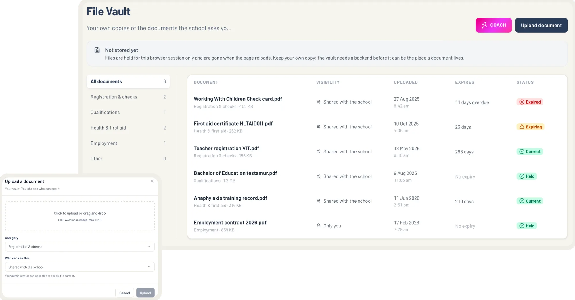 The file vault in EthosOne: the documents the board holds, with version history.