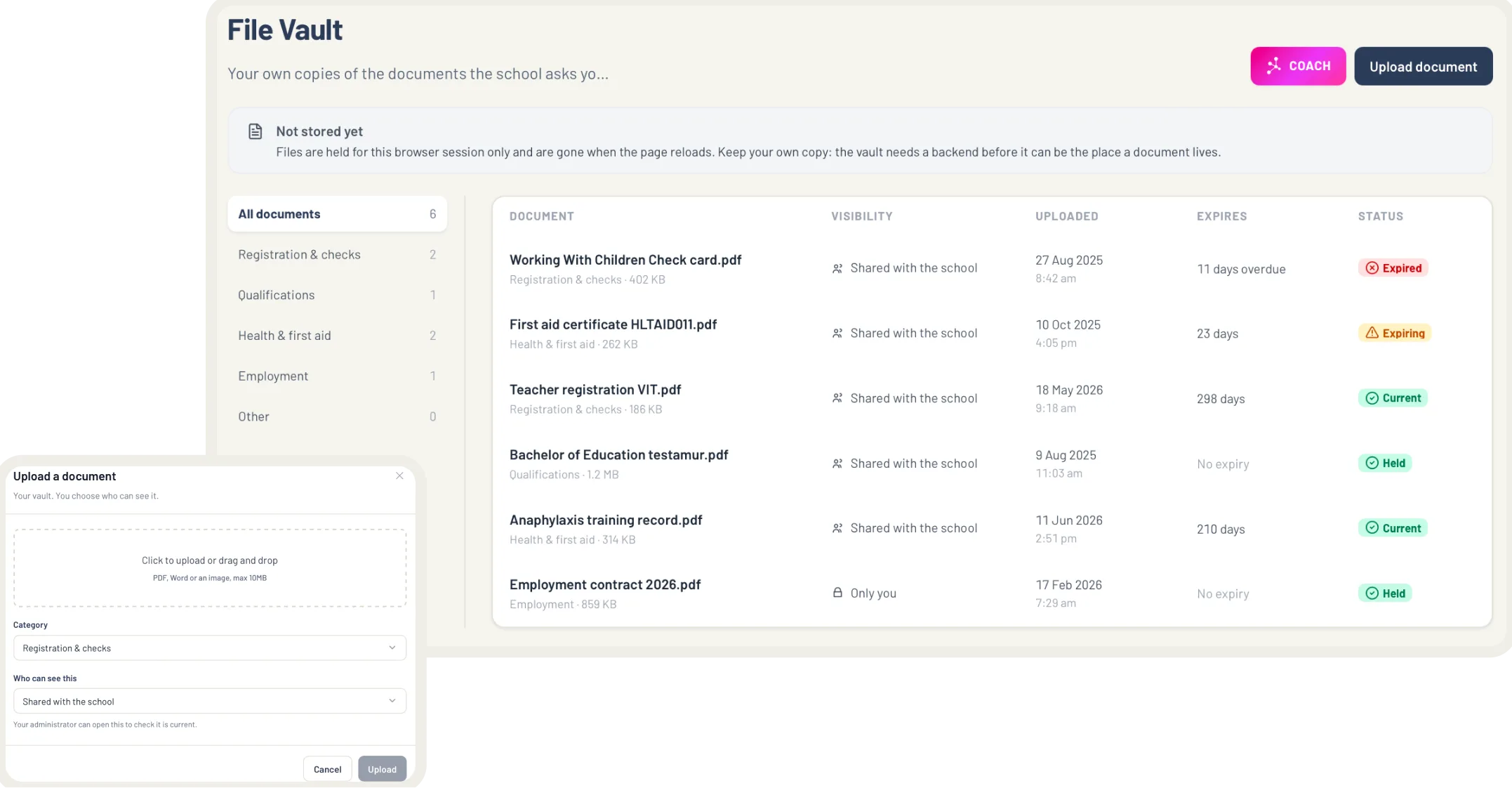 The file vault in EthosOne: the documents the board holds, with version history.