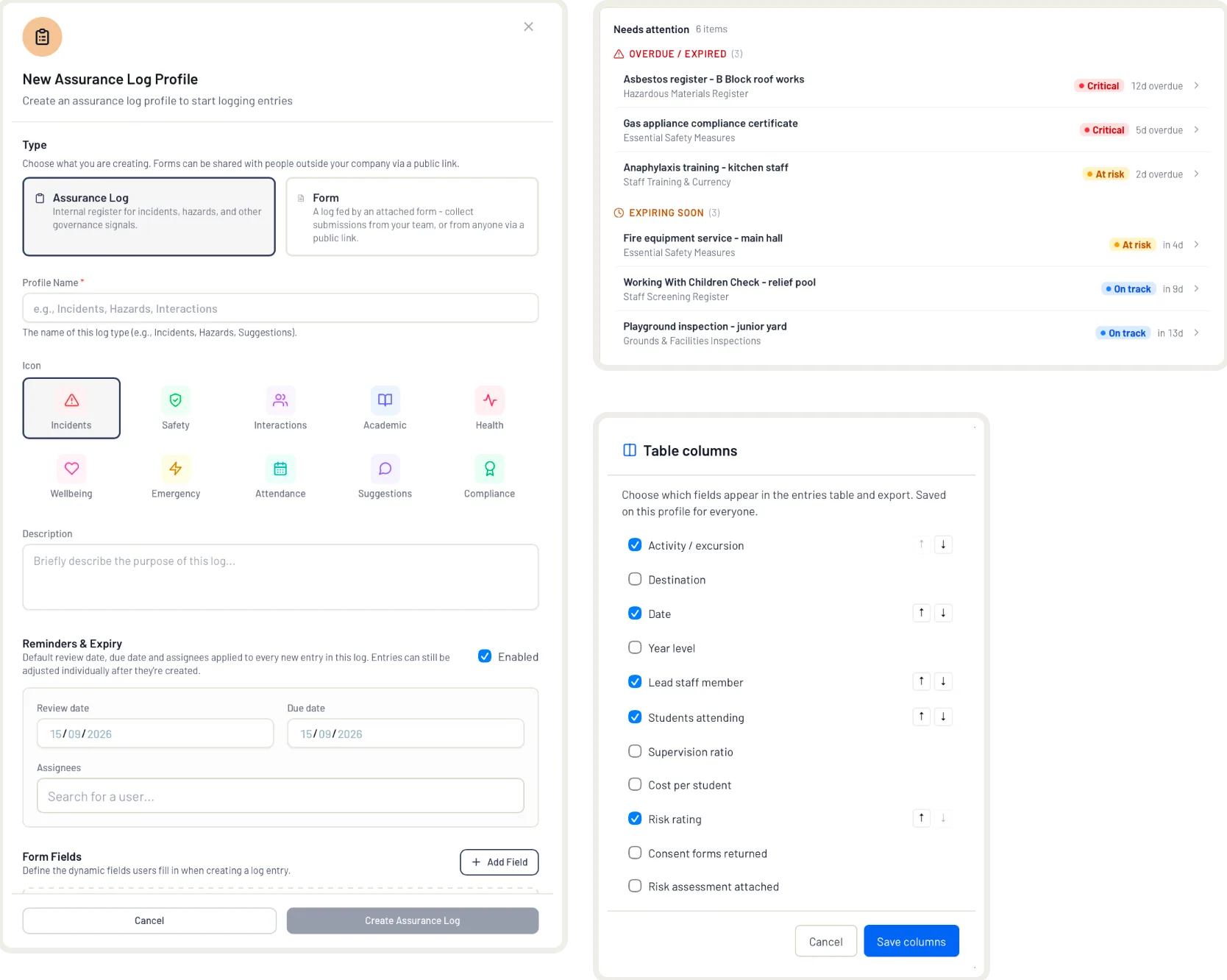 Assurance logs in EthosOne: incident, hazard and compliance forms.