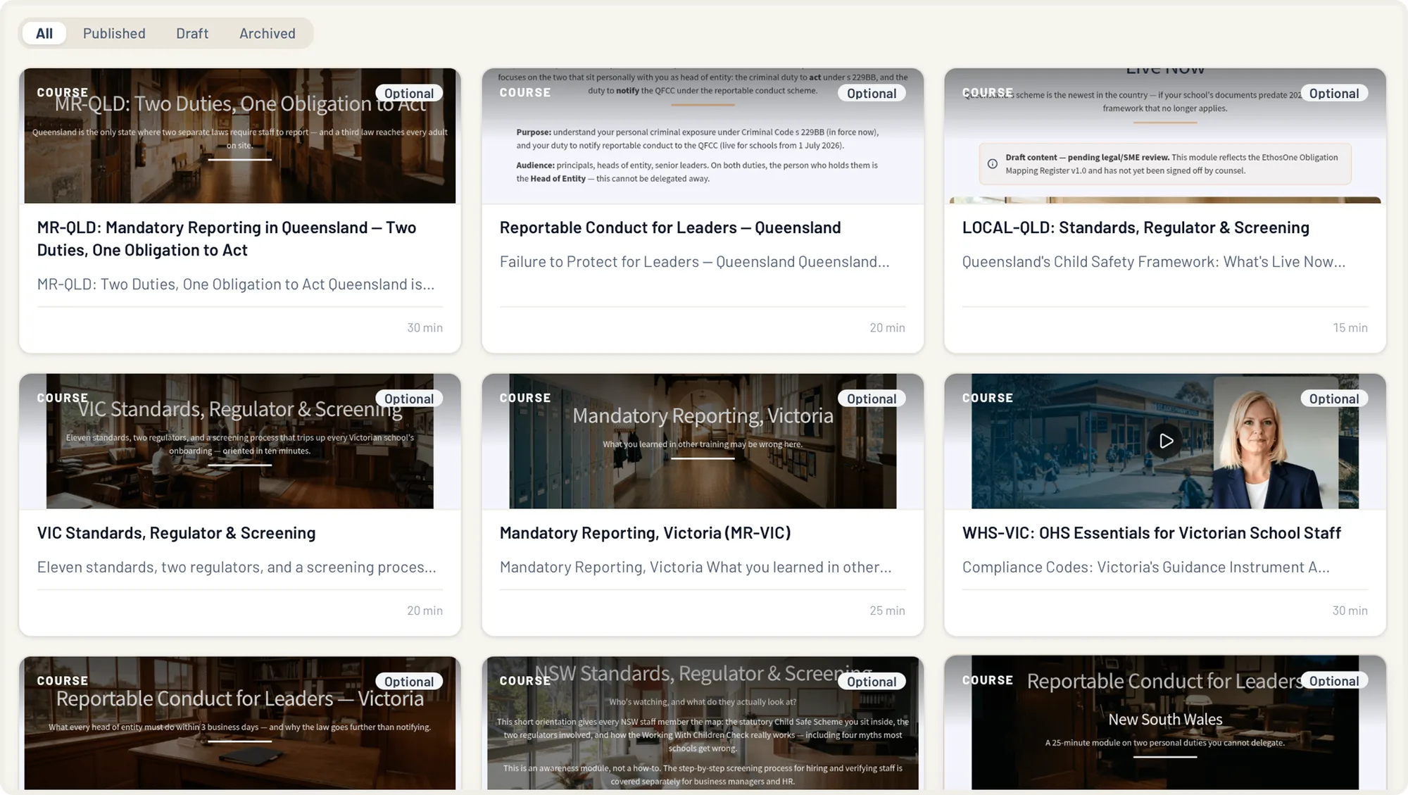 Training in EthosOne: compliance and WHS courses assigned, completion recorded.