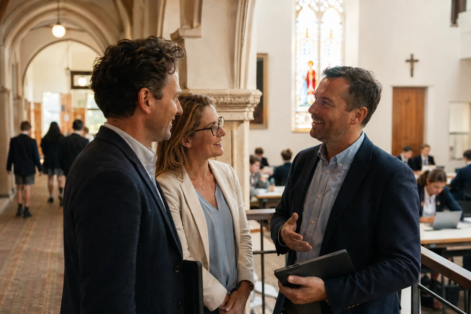 A warm documentary scene of two unidentified education-technology founders working with a school leader inside an active school, intended only as a composition reference until replaced...