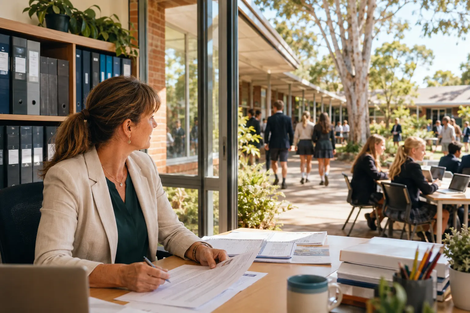A school business manager calmly reviews a policy-service renewal and transition plan while shelves of legacy binders and busy office activity soften behind.