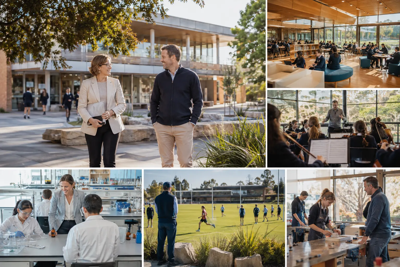 A composed grid-like scene of several anonymous school leaders in distinct, real Australian school environments, created only as a layout concept until replaced by licensed customer...