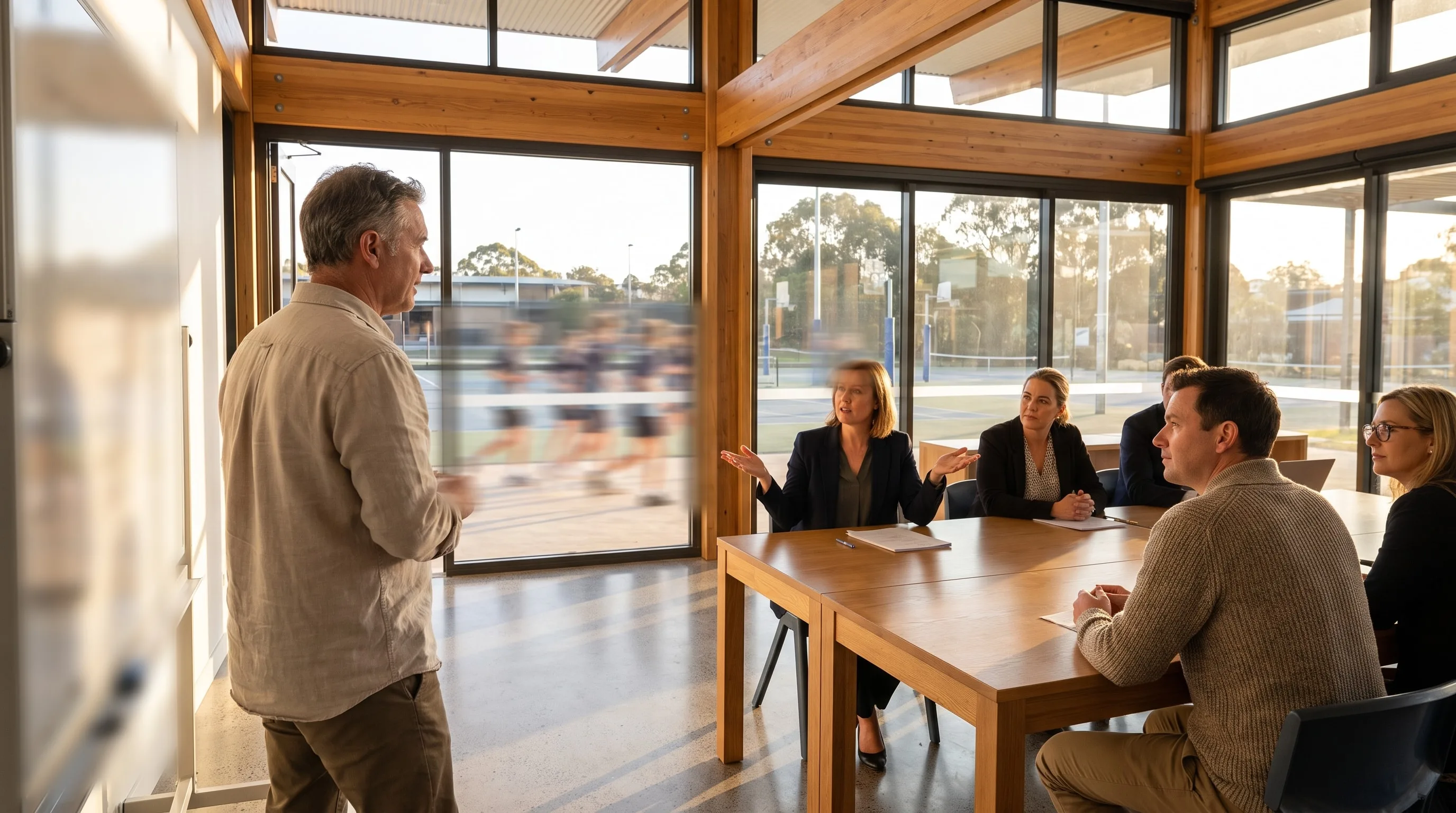 A principal and leadership team weighing a counter-point at a planning day in the school library.