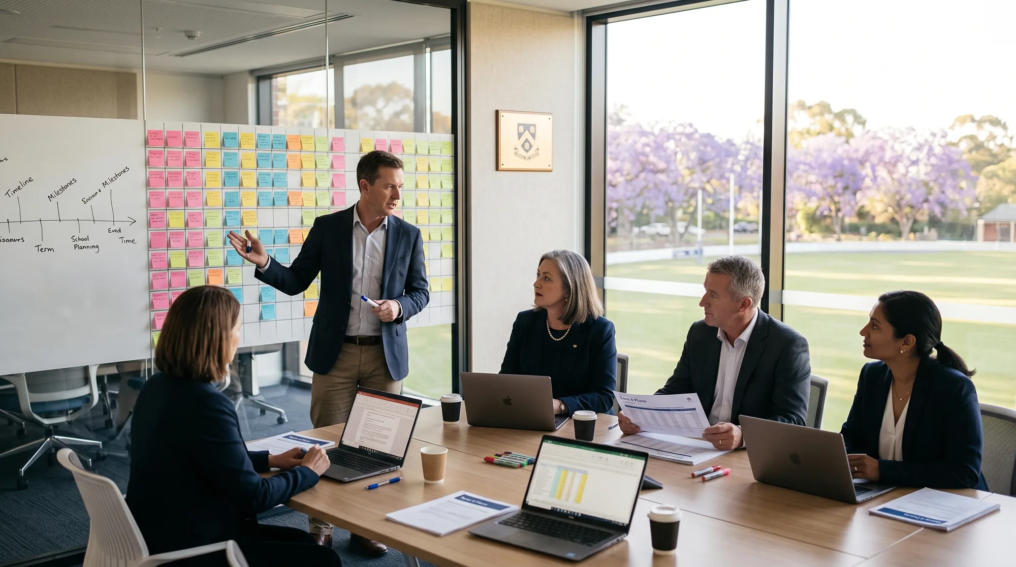 A school leadership team in a Term 4 planning workshop, a facilitator at a wall of sticky notes and a hand-drawn timeline, laptops open, jacarandas through the window.