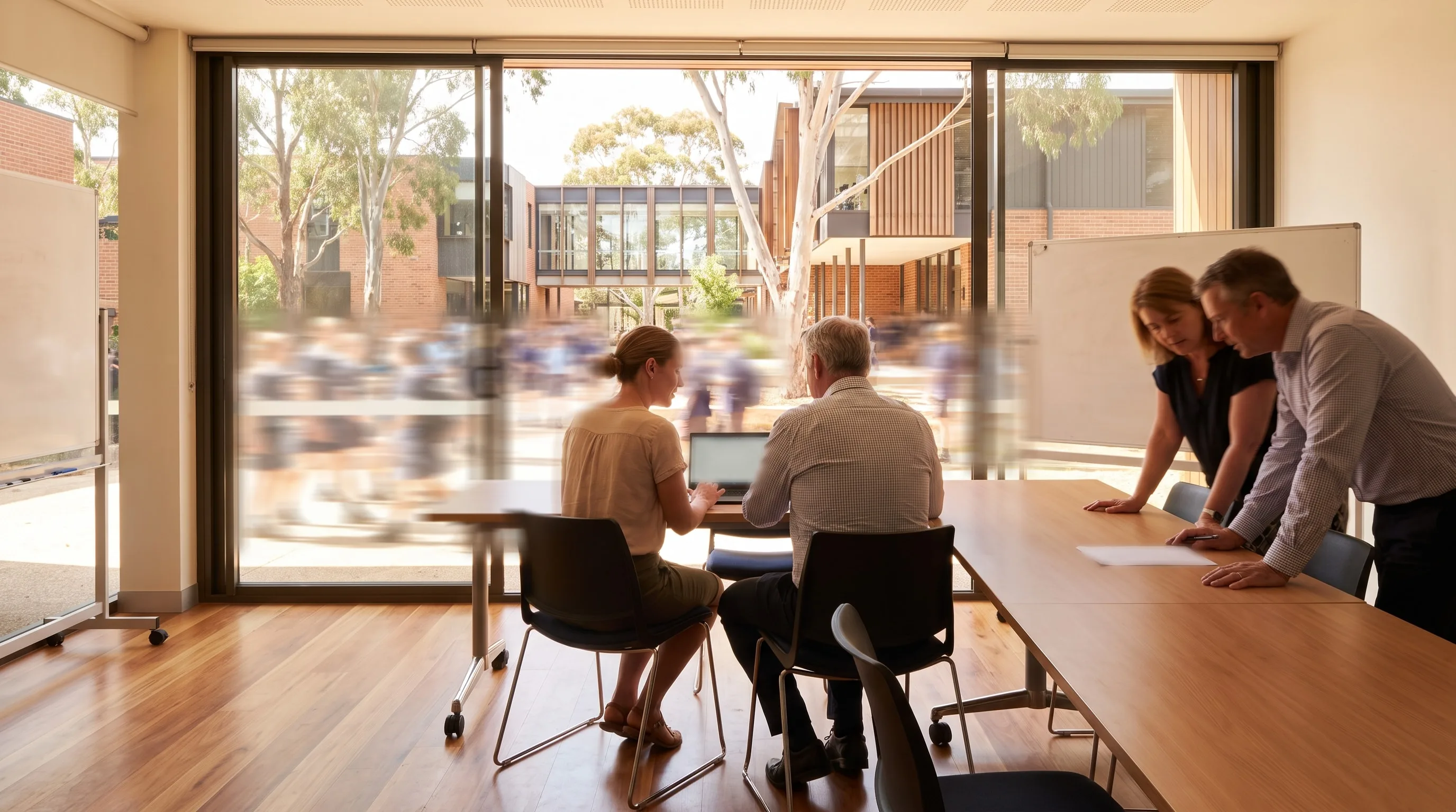 A facilitator and business manager working through a migration with two staff in a bright meeting room.