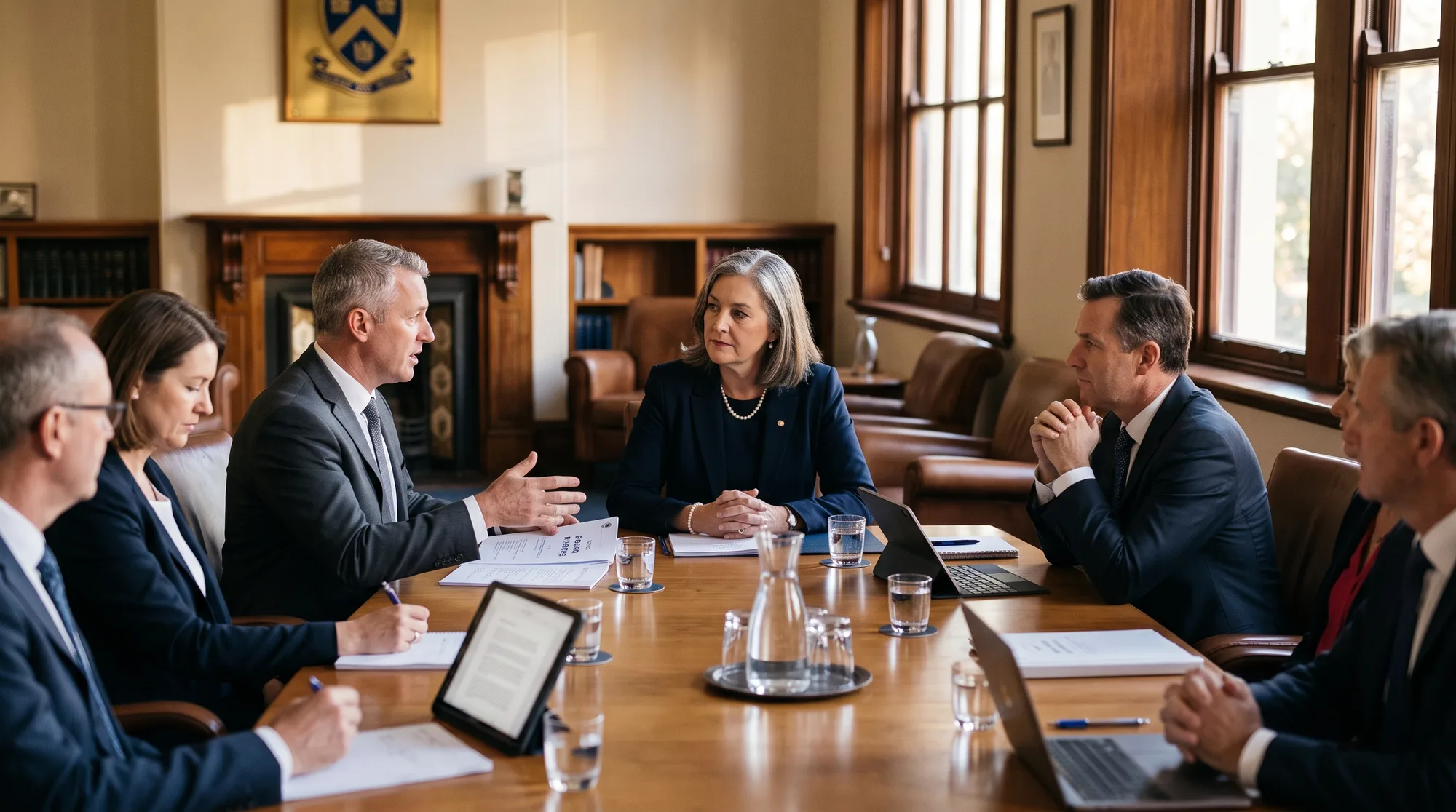 The governing board of an independent school in session in a heritage boardroom, the chair listening to the principal with a short printed board pack on the table.