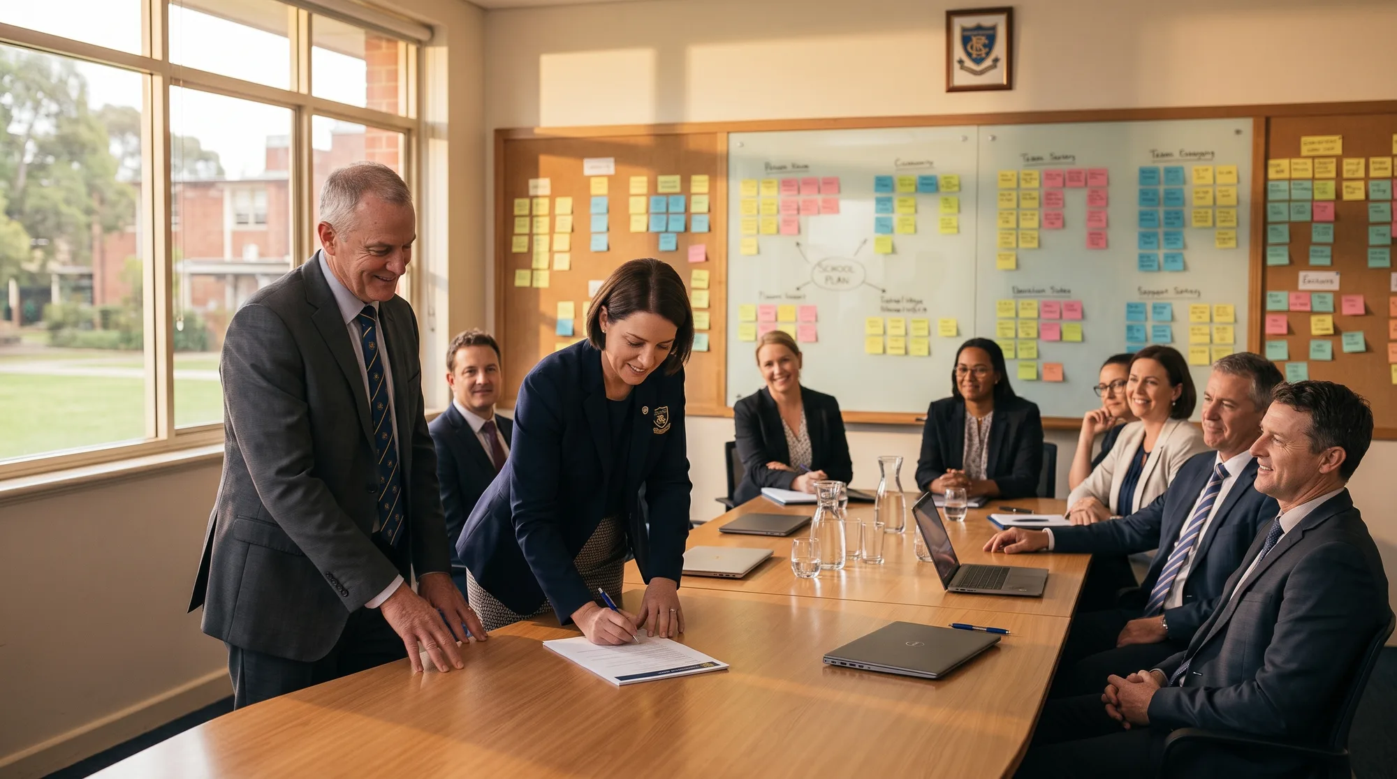 A principal and a board chair at the head of a long table at the end of a planning day, the leadership team seated, a one-page plan being signed, a wall of completed sticky notes behind them.