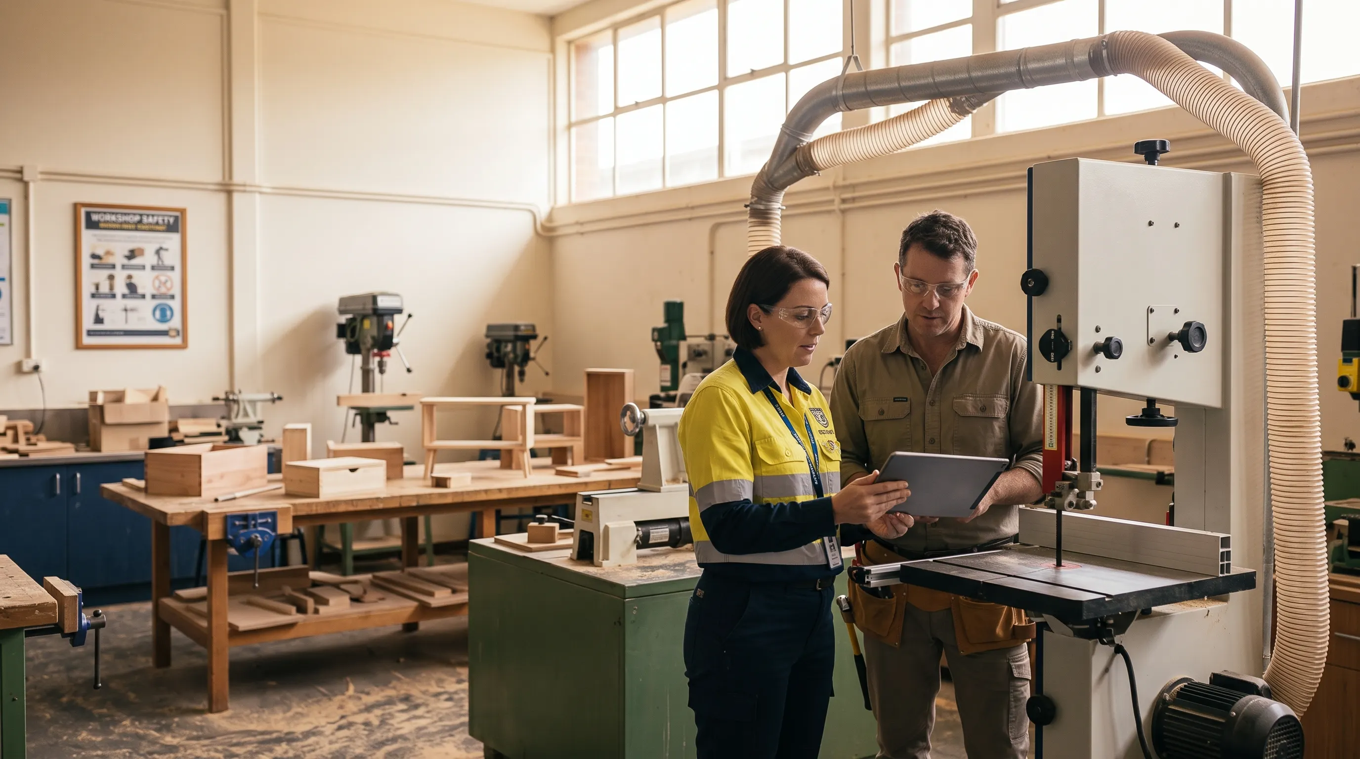 A WHS lead and a technology teacher in a school woodwork workshop checking a risk assessment on a tablet beside a bandsaw with its guard down, safety glasses on, students' timber projects on the benches.